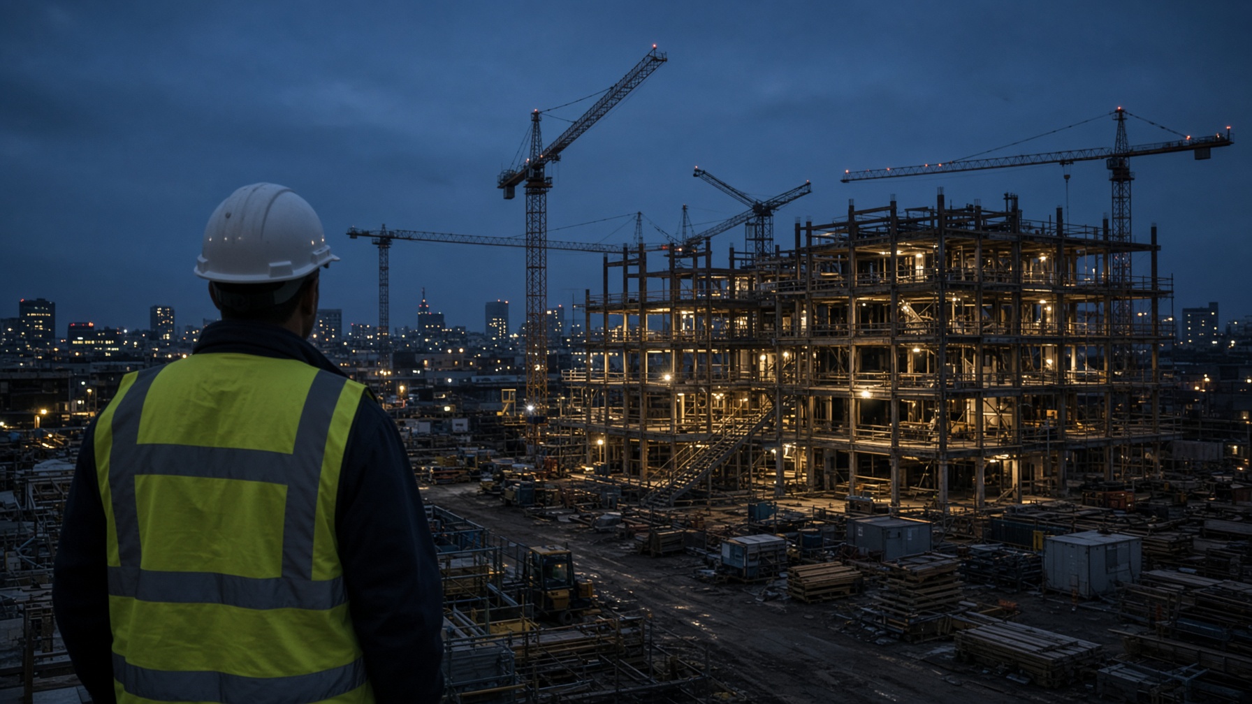 A construction professional looking out over a timber building site at dusk