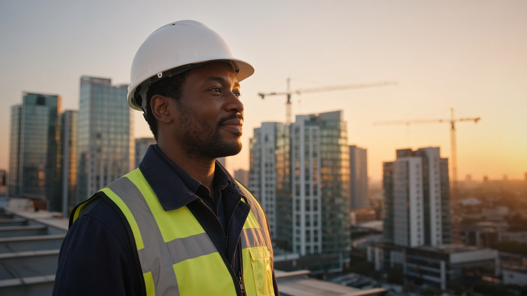 An engineer on a rooftop looking toward the city