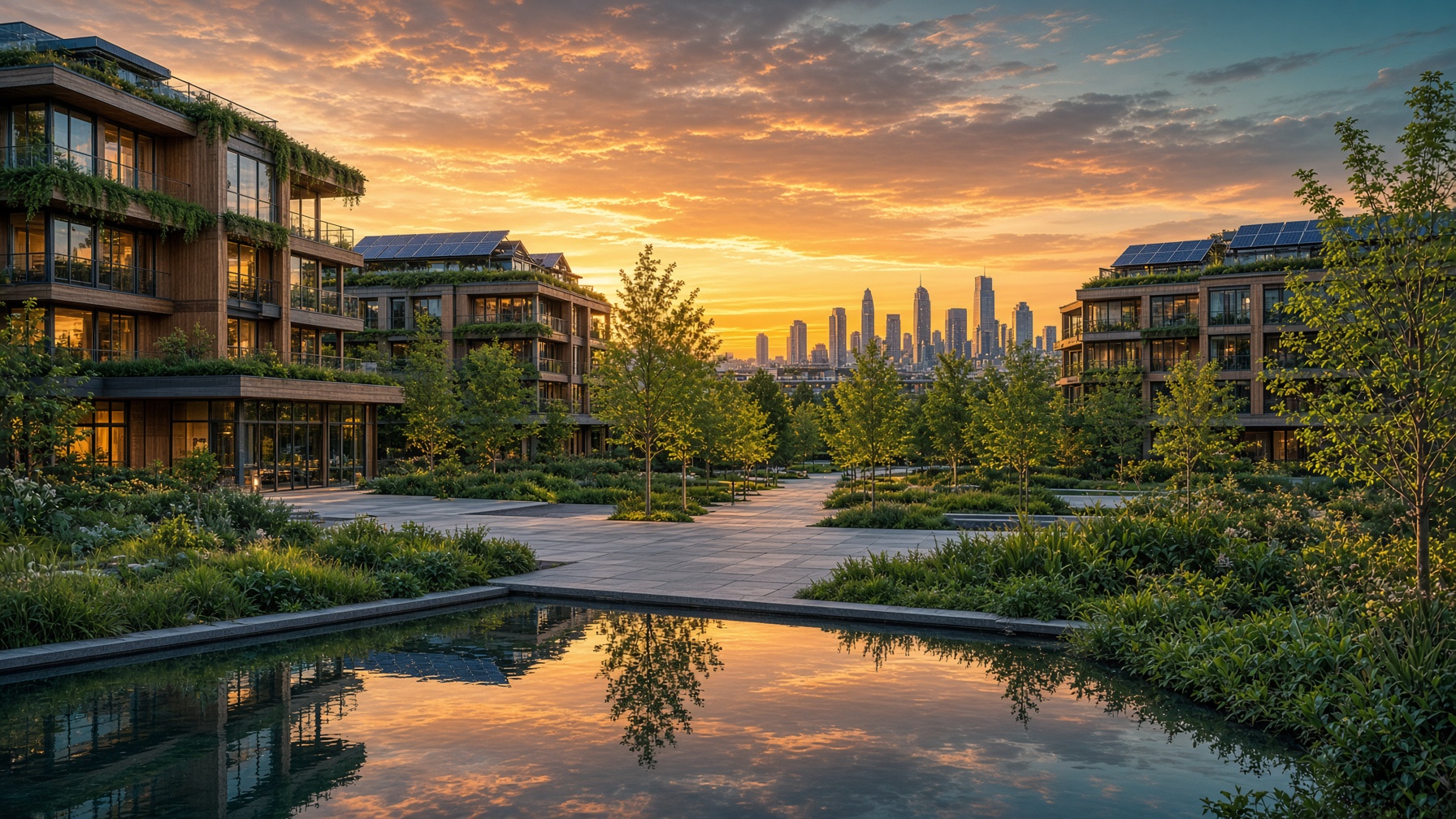 A sustainable mixed-use neighbourhood at golden hour, with timber buildings, gardens and a city skyline beyond