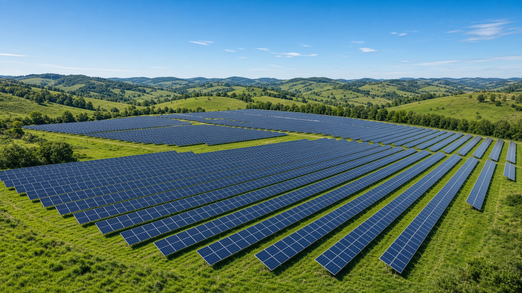 A solar farm in rolling countryside